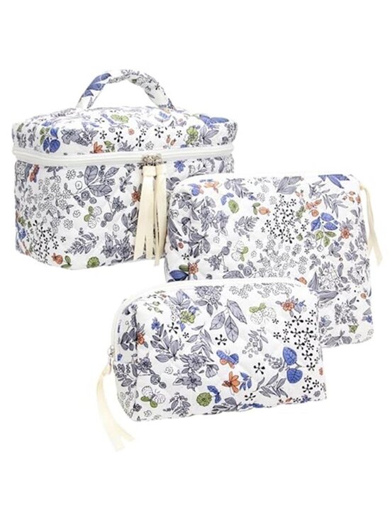 Handbags - 3 Piece Quilted Makeup Bag Set for Women,Cosmetic&Toiletry Bag,Leaf White